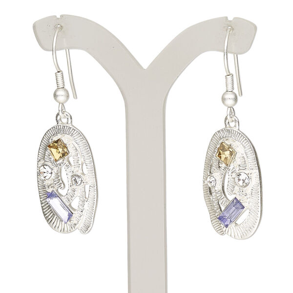 Earring, acrylic / glass rhinestone / silver-finished brass / "pewter" (zinc-based alloy), clear / blue / topaz yellow, 44.5mm with matte oval and fishhook ear wire. Sold per pair. image number 0