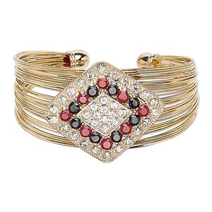 Bracelet, cuff, glass / Egyptian glass rhinestone / gold-finished steel / "pewter" (zinc-based alloy), clear / red / black, 35mm wide with 40x35mm diamond, 6-1/2 inches. Sold individually.