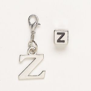 Charm, "pewter" (zinc-based alloy)/steel/enamel, pkg/2, antique silver finish and black, 13x11mm "Z" with lobster claw clasp and 7mm cube with "Z".