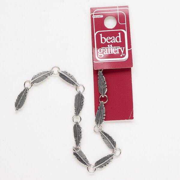 Link, antique silver-finished "pewter" (zinc-based alloy), 18x7mm double-sided feather with 5.5mm jump ring. Sold per pkg of 10. image number 0