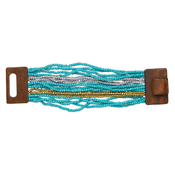 Bracelet, stretch multi-strand, glass and stained wood, turquoise blue / silver / gold, 46mm wide, 7 inches with hook-and-eye clasp. Sold individually. image number 0