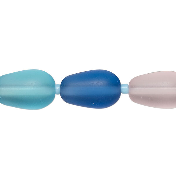 Bead, glass, translucent matte pink / blue / teal blue, 14x10mm teardrop. Sold per 8-inch strand, approximately 12 beads. image number 0
