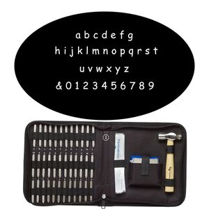 Stamp punch set, steel / wood / fabric, black, alphabetical lowercase letters a-z / numbers 0-9 / "&" symbol, includes ball peen hammer and steel block. Sold per 40-piece set.