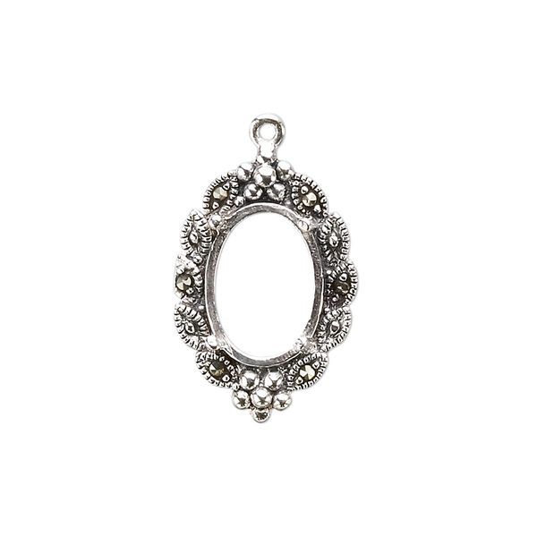 Drop, marcasite (natural) and sterling silver, 22x15mm oval with 14x10mm 4-prong oval setting. Sold individually. image number 0