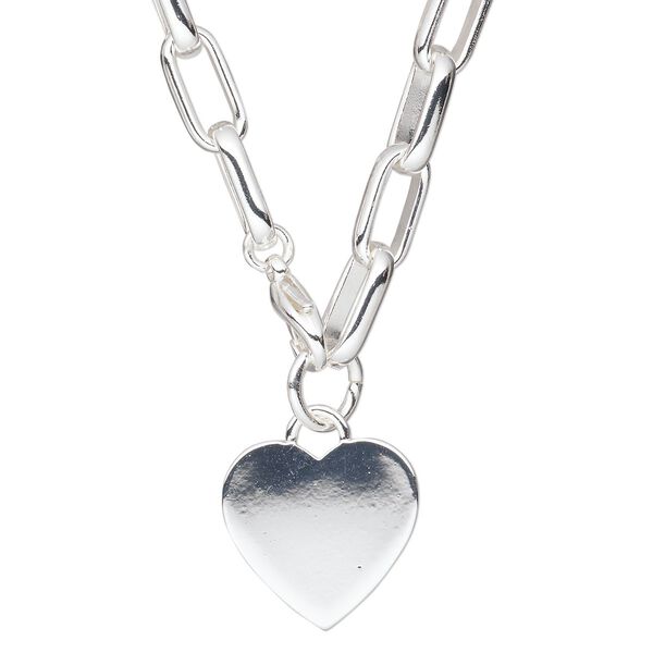 Chain, silver-plated steel and brass, 19x19mm heart, 15" to 16" link chain with lobster claw clasp. Sold individually. image number 0