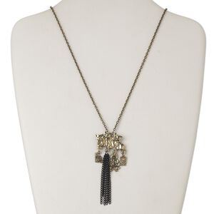 Necklace, antiqued brass-finished "pewter" (zinc-based alloy) and steel, black, 32x20mm cats, 32 inches with 2-1/4 inch dangle and lobster claw clasp. Sold individually.