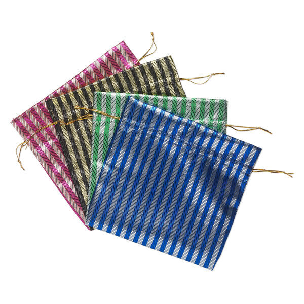 Pouch, nylon, assorted colors, 6-1/4 x 6-1/4 inches with textured caftan stripes and drawstring. Sold per pkg of 4. image number 0