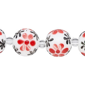 Bead, glass 1pkg8, multicolored, 14mm round with hand-painted flower.