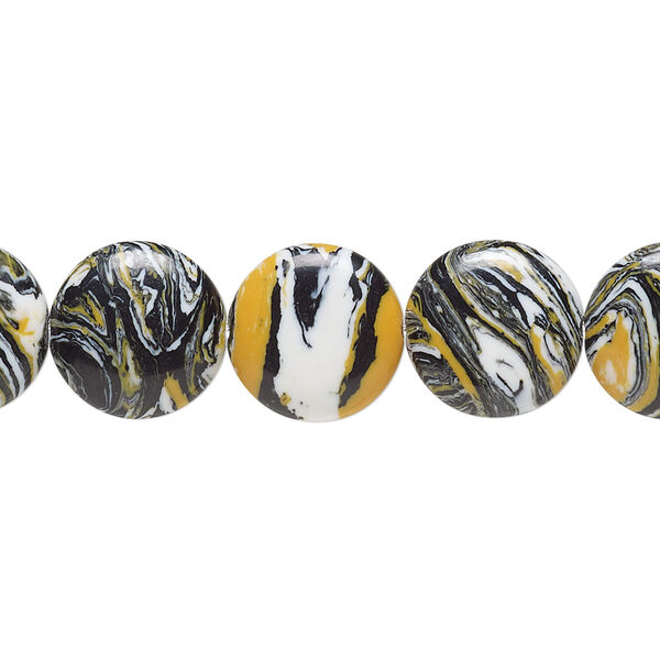 Bead, resin, black / white / dark yellow, 12mm flat round. Sold per 15" to 16" strand. image number 0
