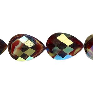 Bead, millefiori glass, marbled yellow and red AB, 18x13mm faceted teardrop. Sold per 8-inch strand, approximately 10 beads.