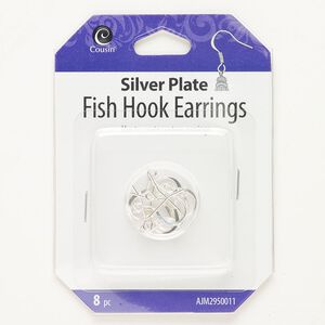 Ear wire fishhook 1pkg8, 17mm flat / 4mm coil / open loop, 21 gauge silver-finished brass 4 pair