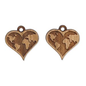 Drop, sugar maple (natural), 17x16mm single-sided heart with world map design. Sold per pkg of 2.