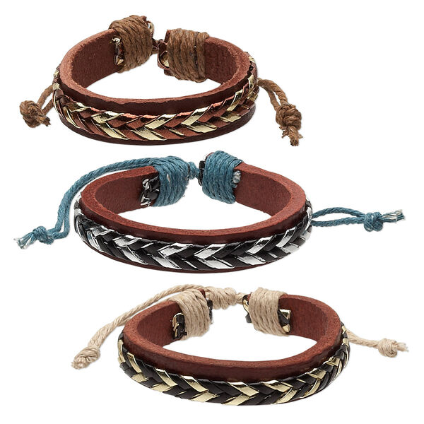 Bracelet, leather (dyed) / cotton / polyurethane, metallic multicolored, 12-13mm wide, adjustable from 6 to 8-1/2 inches with knot closure. Sold per pkg of 3. image number 0