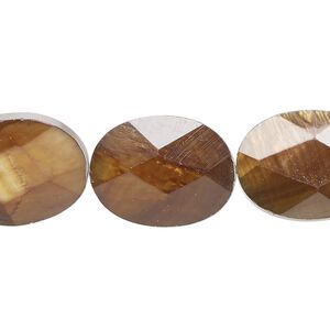 Bead, shell (dyed), brown, 20x15mm faceted puffed oval, Mohs hardness 3-1/2. Sold per 15-inch strand, approximately 20 beads.