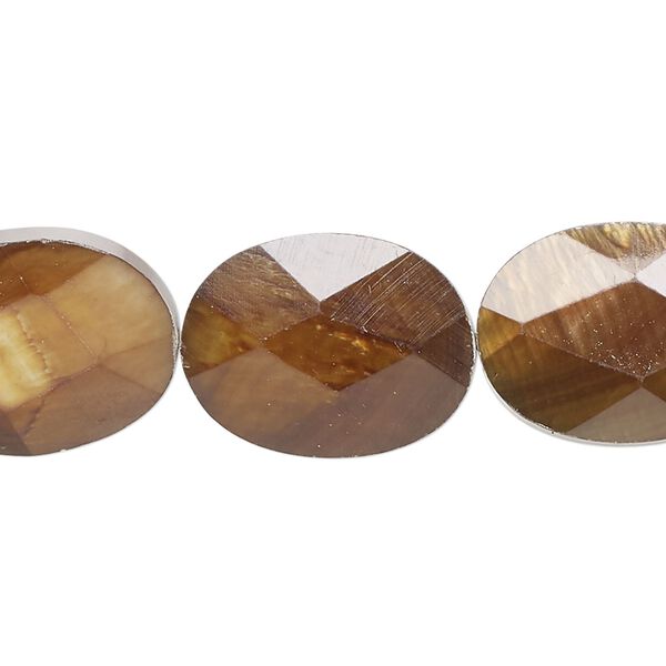Bead, shell (dyed), brown, 20x15mm faceted puffed oval, Mohs hardness 3-1/2. Sold per 15-inch strand, approximately 20 beads. image number 0