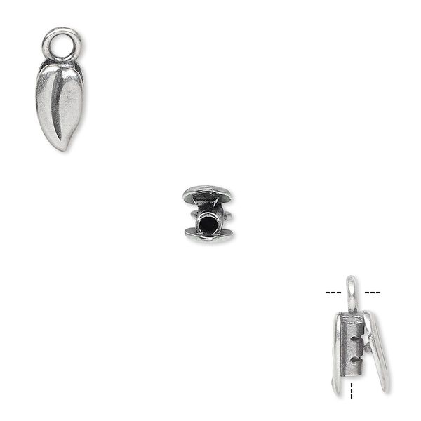 Crimp end, JBB Findings, antique silver-plated brass, 9x5mm double-sided leaf, 1.5mm inside diameter. Sold per pkg of 2. image number 0