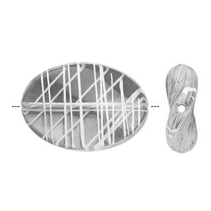 Bead, acrylic, semitransparent clear and white, 35x25mm twisted flat oval with painted line design. Sold per pkg of 28.