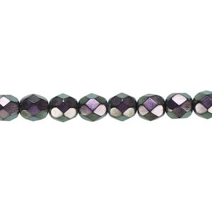 Bead, Czech fire-polished dipped décor glass, oil slick, 6mm faceted round. Sold per 15-1/2" to 16" strand, approximately 65 beads.