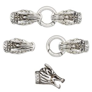 Clasp self-closing 1pkg1 "pewter" (zinc alloy), 65x20mm / 20mm jump ring / fits 7-8mm cord, antique silver-finished 1-strand