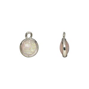Drop, Opalized Ice™, "opal" (resin) and imitation rhodium-finished brass, opaque light pink, 9.5mm double-sided round. Sold per pkg of 6.
