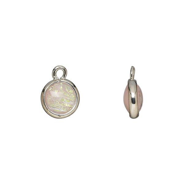 Drop, Opalized Ice™, "opal" (resin) and imitation rhodium-finished brass, opaque light pink, 9.5mm double-sided round. Sold per pkg of 6. image number 0
