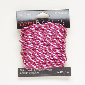 Cord, nylon, red / white / gold, 3mm braided round. Sold per pkg of 5 meters.