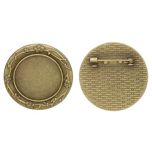 Brooch back, glue-in, antique brass-finished "pewter" (zinc-based alloy), 30mm single-sided round with flower design with 20mm round setting. Sold per pkg of 2.