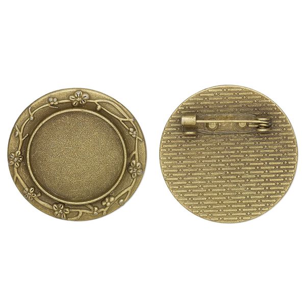 Brooch back, glue-in, antique brass-finished "pewter" (zinc-based alloy), 30mm single-sided round with flower design with 20mm round setting. Sold per pkg of 2. image number 0