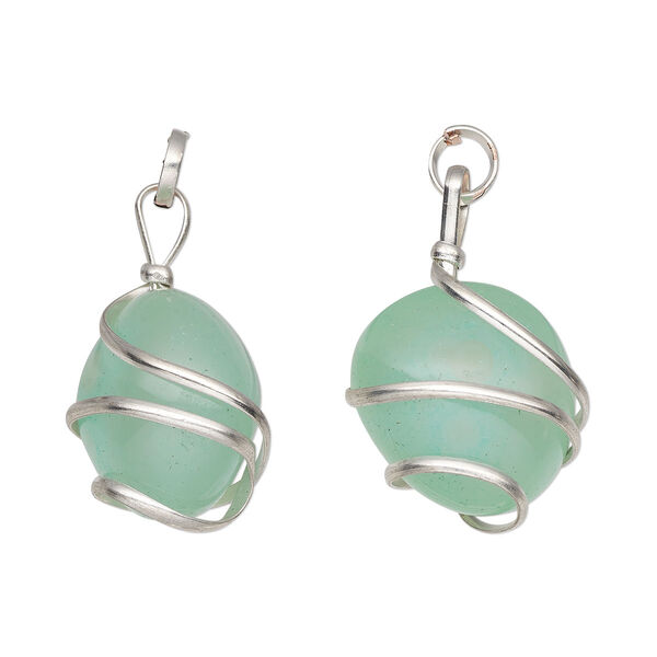 Pendant, agate (dyed) and silver-plated copper, aqua blue, medium to large hand-cut wire-wrapped tumbled nugget. Sold individually. image number 0