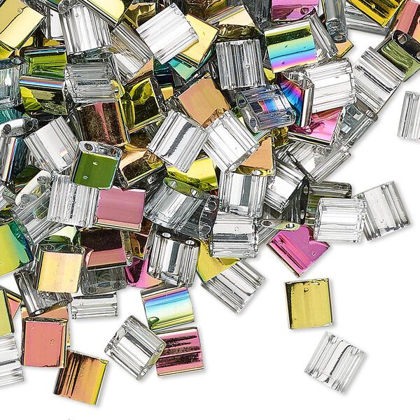 Seed bead, TILA®, glass, pkg/250g, 5mm full tila square, opaque vitrail crystal clear (TL-4552). image number 0