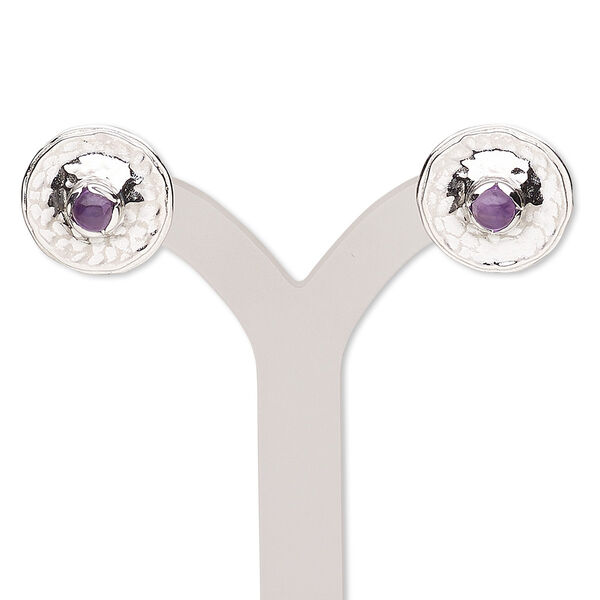 Earring, amethyst (natural) and sterling silver, 14mm hammered round with post. Sold per pair. image number 0