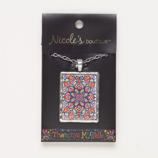 Necklace, resin / antique silver-finished "pewter" (zinc-based alloy) / silver-finished steel, multicolored, 37x29mm rectangle with petal design, 23 inches with lobster claw clasp. Sold individually. image number 0