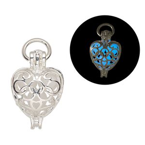 Drop, silver-finished "pewter" (zinc-based alloy) and polystyrene, white glow-in-the-dark, 23.5x16mm heart. Sold per pkg of 2.