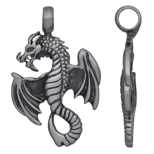 Pendant, Almost Jewelry™, "pewter" (zinc-based alloy), 53x34mm single-sided flying dragon. Sold individually. image number 0