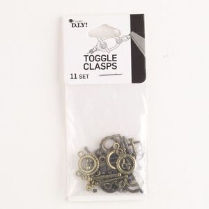 Clasp toggle mix 1pkg11 "pewter" (zinc alloy), 12mm heart / 11mm twisted round / 11mm round, antique brass-finished brass / steel 1-strand