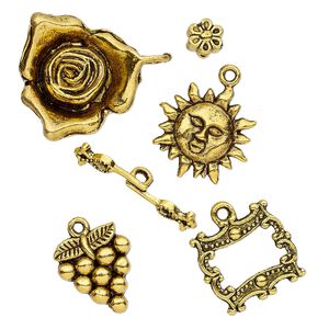 Component, antiqued gold-finished "pewter" (zinc-based alloy), 6.5x4mm-28x23.5mm assorted garden theme. Sold per 5-piece set.
