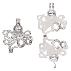 Pendant, imitation rhodium-finished "pewter" (zinc-based alloy), 36x33mm double-sided octopus bead cage, fits 8mm round bead. Sold individually.