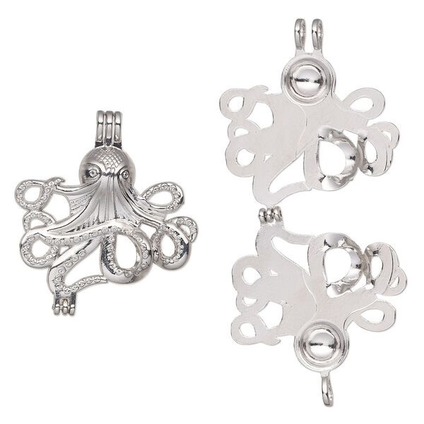 Pendant, imitation rhodium-finished "pewter" (zinc-based alloy), 36x33mm double-sided octopus bead cage, fits 8mm round bead. Sold individually. image number 0