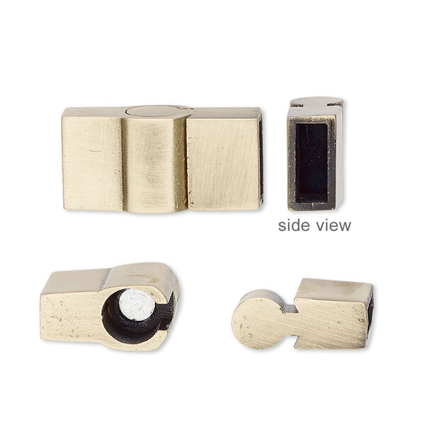 Clasp, magnetic slide lock, brass-plated "pewter" (zinc-based alloy), 21x10mm rectangle with glue-in ends, 8x3mm inside diameter. Sold individually. image number 0