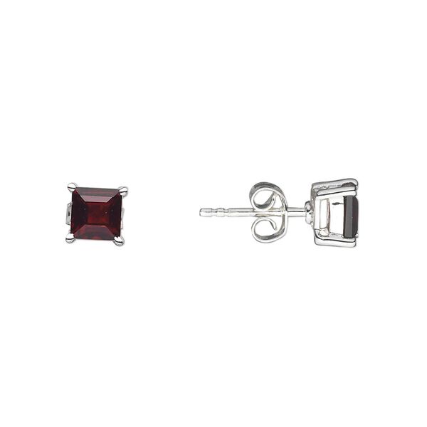 Earstud, garnet (natural) and sterling silver, 6mm with 5mm faceted square and post. Sold per pair. image number 0