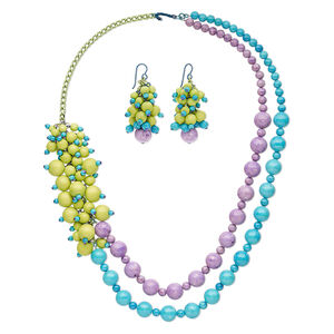 Necklace and earring set, One of a Kind Jewelry, color-coated copper and aluminum / wood / riverstone (dyed), purple / turquoise blue / lime green, 23-inch necklace. Only one available.
