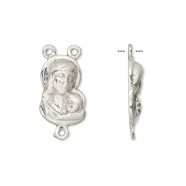 Connector, sterling silver, 17x11mm rosary center with Madonna face, 3 loops. Sold individually. image number 0