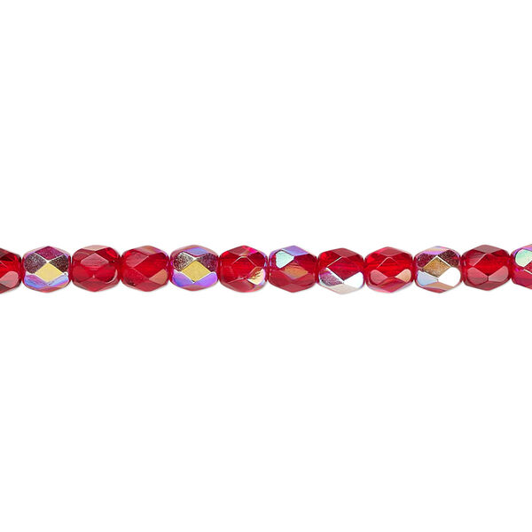 Bead, Czech fire-polished glass, light red AB, 4mm faceted round. Sold per 15-1/2" to 16" strand. image number 0