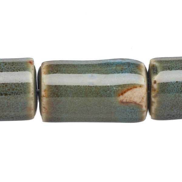 Bead, porcelain, honey and dark aqua, 26x15mm-27x16mm round tube. Sold per 8-inch strand. image number 0