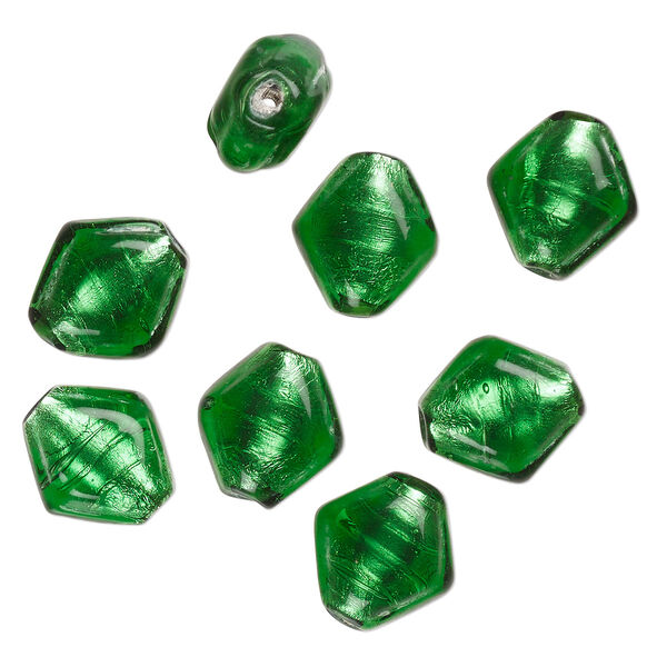 Bead, lampworked glass, opaque green, 16x15mm-14x12mm puffed kite with silver-colored foil. Sold per pkg of 8. image number 0
