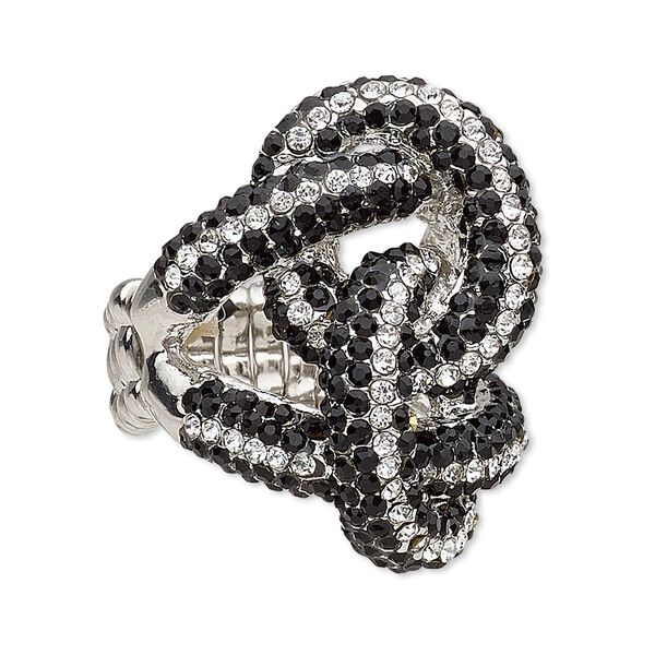 Ring, stretch, glass rhinestone and imitation rhodium-plated "pewter" (zinc-based alloy), clear and black, 33x26mm knot. Sold individually. image number 0