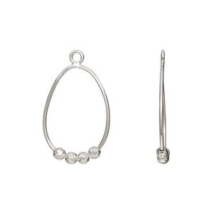 Drop, sterling silver, 20x14mm double-sided open teardrop with (4) 2.5mm diamond-cut round beads. Sold per pkg of 2.