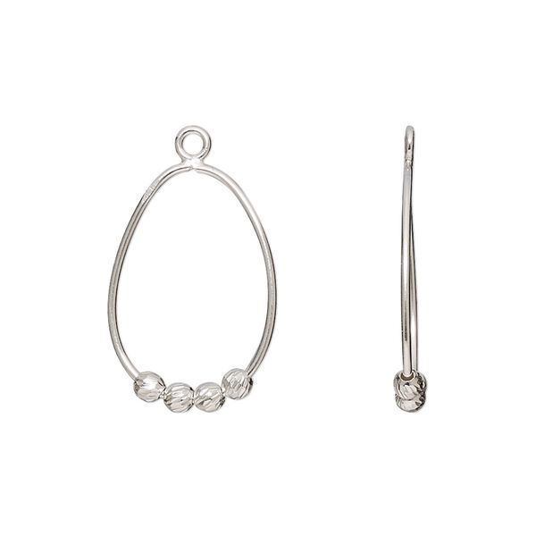 Drop, sterling silver, 20x14mm double-sided open teardrop with (4) 2.5mm diamond-cut round beads. Sold per pkg of 2. image number 0
