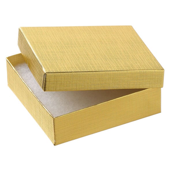 Box 1pkg6, paper and "cotton" filled, gold, 3-1/2 x 3-1/2 x 1 inches square image number 1