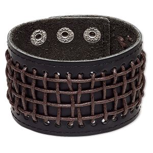 Bracelet, leather (dyed) / waxed cotton cord / imitation rhodium-plated steel, black and brown, 46mm wide, adjustable from 6 to 7-1/2 inches with double snap closure. Sold individually.